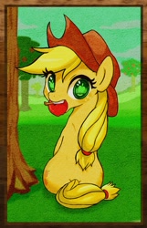 Size: 1750x2719 | Tagged: safe, artist:tory, applejack, earth pony, pony, apple, back, frame, looking at you, looking back, mouth hold, pixiv, sitting, solo, traditional art, wingding eyes