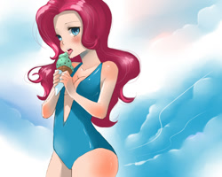 Size: 1200x960 | Tagged: safe, artist:rickvalentine, pinkie pie, human, absolute cleavage, breasts, cleavage, clothes, humanized, ice cream, licking, one-piece swimsuit, swimsuit