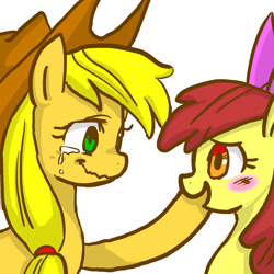 Size: 2160x2160 | Tagged: safe, artist:tory, apple bloom, applejack, earth pony, pony, blushing, crying, pixiv