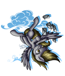 Size: 1500x1750 | Tagged: safe, artist:captainofhopes, artist:nomearts, derpy hooves, pegasus, pony, cloud, letter, signature, simple background, solo, transparent background, upside down