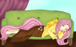 Size: 2614x1643 | Tagged: safe, artist:inuneechan, fluttershy, human, clothes, humanized, long skirt, off shoulder, skirt, sleeping, sofa, solo, sweater, sweatershy, tailed humanization, winged humanization