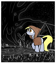 Size: 678x768 | Tagged: safe, artist:cookieboy011, derpy hooves, pony, hood, monochrome, solo, stars