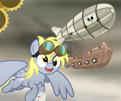 Size: 3000x2500 | Tagged: safe, artist:pizzamovies, derpy hooves, pegasus, pony, airship, cloud, cloudy, cutie mark, envelope, epic derpy, female, flying, gears, goggles, heart, letter, mare, propeller, skull, smiling, smoke, solo, steampunk
