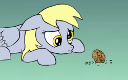 Size: 960x600 | Tagged: safe, artist:vexpon, derpy hooves, pegasus, pony, animated, blinking, crumbs, crying, female, floppy ears, food, lying down, mare, muffin, pouting, sad, simple background, solo