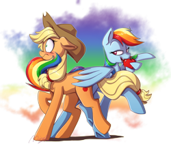 Size: 1300x1098 | Tagged: safe, artist:mingraine, derpibooru import, applejack, rainbow dash, earth pony, pegasus, pony, apple, appledash, bedroom eyes, blushing, butt touch, feathermarking, female, flirting, floppy ears, hat, lesbian, mare, never doubt tchernobog's involvement, shipping, tail seduce, wing hands