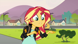 Size: 1280x720 | Tagged: safe, screencap, sunset shimmer, equestria girls, friendship games, bush, driveway, house, solo, tree