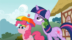 Size: 1054x592 | Tagged: safe, derpibooru import, screencap, pinkie pie, twilight sparkle, earth pony, frog, pony, feeling pinkie keen, cute, frown, grin, gritted teeth, lidded eyes, looking up, smiling, squee, unamused