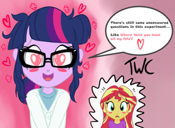 Size: 1195x875 | Tagged: safe, artist:tellywebcartoons, sci-twi, sunset shimmer, twilight sparkle, equestria girls, 30 minute art challenge, blush sticker, blushing, female, heart eyes, lesbian, love spell, scitwishimmer, shipping, sunsetsparkle, want it need it, wingding eyes