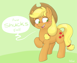 Size: 975x800 | Tagged: safe, artist:yellowbooze, applejack, earth pony, pony, blushing, cute, dialogue, female, gap teeth, green background, jackabetes, mare, raised hoof, simple background, solo, speech bubble, y'all