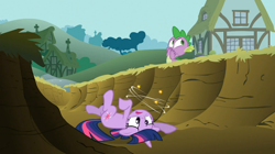 Size: 1054x592 | Tagged: safe, derpibooru import, screencap, spike, twilight sparkle, unicorn twilight, dragon, pony, unicorn, feeling pinkie keen, circling stars, derp, ditch, duo, female, male, mare, on back