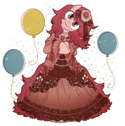 Size: 773x779 | Tagged: safe, artist:umeguru, pinkie pie, pony, alternate hairstyle, balloon, bipedal, clothes, cute, dress, head tilt, solo, victorian