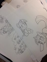 Size: 600x800 | Tagged: safe, artist:akira himekawa, applejack, pinkie pie, rarity, twilight sparkle, earth pony, pony, unicorn, japanese, library, manga, monochrome, sketch