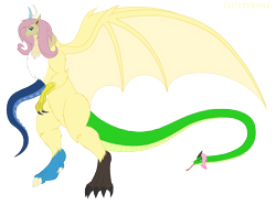 Size: 2748x2046 | Tagged: safe, artist:pyrus-leonidas, derpibooru import, fluttershy, bat pony, chimera, draconequus, kaiju, pony, snake, chimerafied, draconequified, female, flutterbat, flutterequus, forked tongue, kaijufied, simple background, snake for a tail, solo, species swap, tail, tentacles, transparent background