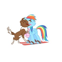 Size: 800x800 | Tagged: safe, derpibooru import, rainbow dash, winona, pegasus, pony, affection, clothes, cute, dashabetes, face licking, kissing, licking, scarf, simple background, skis, smiling, tongue out, vector, white background, winter