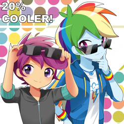 Size: 1900x1900 | Tagged: safe, artist:ryuu, derpibooru import, rainbow dash, scootaloo, equestria girls, equestria girls series, 20% cooler, abstract background, clothes, cute, cutealoo, duo, female, geode of super speed, hoodie, looking at you, magical geodes, scootalove, shirt, smiling, smirk, sunglasses, wristband