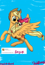 Size: 4880x6968 | Tagged: safe, artist:invalid-david, apple bloom, applejack, alicorn, pony, absurd resolution, alicornified, applecorn, flying, race swap