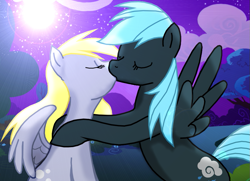 Size: 855x620 | Tagged: safe, artist:moostargazer, artist:sorrowfuldownpour, derpy hooves, oc, oc:raincloud whisper, pony, canon x oc, female, kissing, lesbian, shipping, trace