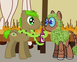 Size: 1000x800 | Tagged: safe, derpibooru import, oc, oc only, oc:bamboo, oc:timber the wood pony, giraffe, goo pony, original species, alcohol, bottle, chia pets, food, green house, greenhouse, indoors, tentacles, vine, wine, wine bottle, wood pony