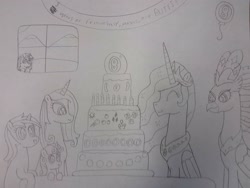 Size: 2048x1536 | Tagged: safe, artist:supahdonarudo, derpibooru exclusive, derpibooru import, fleur-de-lis, minuette, princess celestia, queen novo, sweetie belle, oc, oc:ironyoshi, alicorn, classical hippogriff, hippogriff, pony, my little pony: the movie, balloon, banner, cake, candle, celebration, decoration, food, happy birthday mlp:fim, looking out the window, magic 8 ball, mlp fim's eighth anniversary, monochrome, traditional art