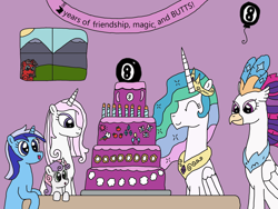 Size: 2048x1536 | Tagged: safe, artist:supahdonarudo, derpibooru import, fleur-de-lis, minuette, princess celestia, queen novo, sweetie belle, oc, oc:ironyoshi, alicorn, classical hippogriff, hippogriff, pony, balloon, banner, cake, candle, food, happy birthday mlp:fim, looking out the window, magic 8 ball, mlp fim's eighth anniversary, window