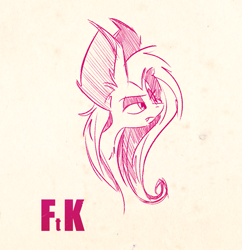 Size: 1129x1166 | Tagged: safe, artist:fluttershythekind, fluttershy, flutterbat, impossibly large ears, large ears, monochrome, simple background, sketch, solo, white background