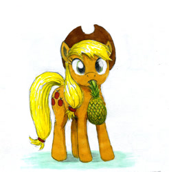 Size: 500x508 | Tagged: safe, artist:el-yeguero, applejack, earth pony, pony, looking at you, mouth hold, pineapple, pineapplejack, solo, traditional art