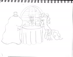 Size: 1650x1275 | Tagged: safe, artist:saburodaimando, pinkie pie, smooze, earth pony, pony, make new friends but keep discord, cake, candlelight, dating, pencil drawing, shipping, sitting, smoozepie, table, that was fast, traditional art