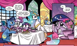 Size: 1400x833 | Tagged: safe, artist:brendahickey, idw, night light, princess celestia, spike, twilight sparkle, twilight velvet, alicorn, dragon, pony, spoiler:comic, spoiler:comic40, :i, awkward, baby spike, blushing, faic, filly, filly twilight sparkle, um