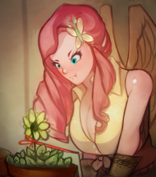 Size: 851x962 | Tagged: safe, artist:yunni-yunni, fluttershy, human, breasts, cleavage, flower, humanized, light skin, sunflower, the stare, winged humanization