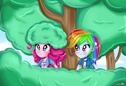 Size: 2761x1900 | Tagged: safe, artist:vixelzf, derpibooru import, pinkie pie, rainbow dash, equestria girls, friendship games, pinkie spy (short), bush, scene interpretation, sweatdrop