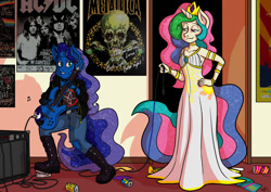 Size: 900x637 | Tagged: safe, artist:tonibabelony, princess celestia, princess luna, human, amplifier, clothes, dress, electric guitar, guitar, hard rock, horned humanization, humanized, jacket, poster, trash