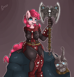 Size: 950x1000 | Tagged: safe, artist:poisindoodles, pinkie pie, anthro, axe, battle axe, clothes, crossover, dark brotherhood, helmet, leather, mask, masque of clavicus vile, rueful axe, skyrim, solo, the elder scrolls, the implications are horrible