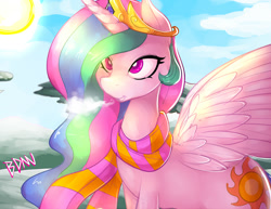 Size: 1300x1004 | Tagged: safe, artist:drbdnv, princess celestia, alicorn, pony, breath, clothes, cold, female, mare, open mouth, pinklestia, scarf, smiling, solo, spread wings