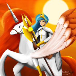 Size: 3300x3300 | Tagged: safe, artist:egstudios93, princess celestia, alicorn, human, humanized, humans riding ponies, warrior celestia, weapon