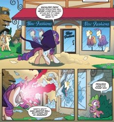 Size: 962x1028 | Tagged: safe, artist:tonyfleecs, idw, rarity, spike, dragon, pegasus, pony, unicorn, ponies of dark water, spoiler:comic, spoiler:comic44, blast, cloak, clothes, comic, cropped, doctor doomity, female, flawless rarity, magic, magic beam, magic blast, male, mare, mask, official comic, speech bubble, store, vandalism