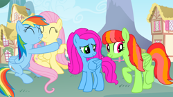 Size: 1920x1080 | Tagged: safe, artist:徐詩珮, derpibooru import, fluttershy, rainbow dash, oc, oc:flower werry, oc:reborn mutty, pegasus, pony, my little pony: the movie, family, female, flutterdash, lesbian, magical lesbian spawn, next generation, offspring, parent:fluttershy, parent:rainbow dash, parents:flutterdash, shipping, sisters