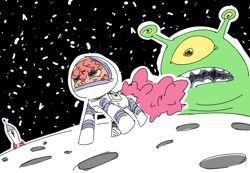 Size: 1280x886 | Tagged: safe, artist:nobody, pinkie pie, alien, earth pony, pony, astronaut, helmet, moon, smiling, space, spaceship, spacesuit