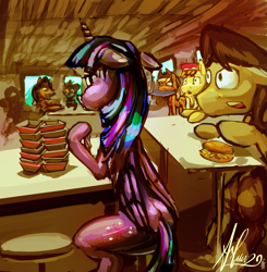 Size: 3845x3931 | Tagged: safe, artist:alumx, applejack, carrot cake, twilight sparkle, twilight sparkle (alicorn), alicorn, earth pony, pony, burger, eating, female, mare, that pony sure does love burgers, twilight burgkle