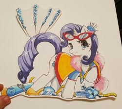 Size: 960x862 | Tagged: safe, artist:spirit-woods, rarity, pony, unicorn, clothes, fabric, female, glasses, jewelry, mare, marker drawing, necklace, rock candy, scissors, simple background, solo, traditional art, white background