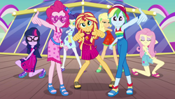 Size: 1920x1080 | Tagged: safe, screencap, applejack, fluttershy, pinkie pie, rainbow dash, rarity, sci-twi, sunset shimmer, twilight sparkle, better together, equestria girls, i'm on a yacht, alternate hairstyle, clothes, crossed arms, dress, eyes closed, feet, glasses, humane five, humane seven, humane six, legs, looking at you, ponytail, pose, sandals, shoes, shorts, skirt, sleeveless, sunglasses, swag, tanktop, yacht