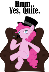 Size: 1600x2374 | Tagged: safe, artist:liracrown, pinkie pie, earth pony, pony, chair, hat, moustache, pipe, solo, top hat
