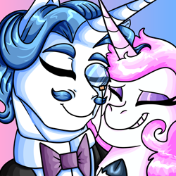 Size: 1024x1024 | Tagged: safe, artist:theatroid, derpibooru import, fancypants, fleur-de-lis, pony, eyes closed, fancyfleur, female, grin, male, shipping, smiling, straight