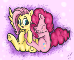 Size: 1209x981 | Tagged: safe, artist:silver1kunai, fluttershy, pinkie pie, earth pony, pegasus, pony, cute, hug, underhoof