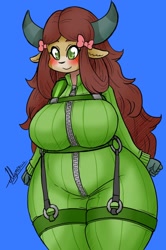 Size: 850x1280 | Tagged: safe, artist:alfheimorphan, artist:alyrise, yona, anthro, big breasts, breasts, busty yona, clothes, commission, cute, harness, huge breasts, jumpsuit, monkey swings, parachute, solo, tack, wide hips, yonadorable, zipper