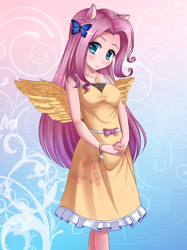 Size: 950x1272 | Tagged: safe, artist:razorkun, fluttershy, human, cleavage, clothes, dress, eared humanization, female, humanized, light skin, winged humanization