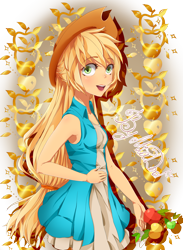 Size: 2090x2861 | Tagged: safe, artist:mia-doof, applejack, human, apple, humanized, solo