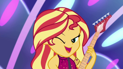 Size: 1920x1080 | Tagged: safe, screencap, sunset shimmer, better together, equestria girls, spring breakdown, all good (song), armlet, clothes, cute, dress, female, guitar, one eye closed, open mouth, sexy, shimmerbetes, singing, sleeveless, solo, wink