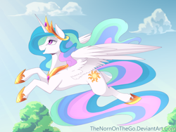 Size: 900x675 | Tagged: safe, artist:thenornonthego, princess celestia, alicorn, pony, female, flying, horn, mare, multicolored mane, solo, white coat