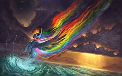 Size: 1920x1200 | Tagged: safe, artist:rain-gear, derpibooru import, rainbow dash, pegasus, pony, clothes, cloud, cloudy, crepuscular rays, flying, ocean, rainbow trail, redraw, scarf, scenery, solo, spread wings, water, wave