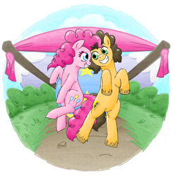 Size: 1181x1207 | Tagged: safe, artist:mornincloud, cheese sandwich, pinkie pie, earth pony, pony, cheesepie, female, jumping, male, shipping, smiling, straight